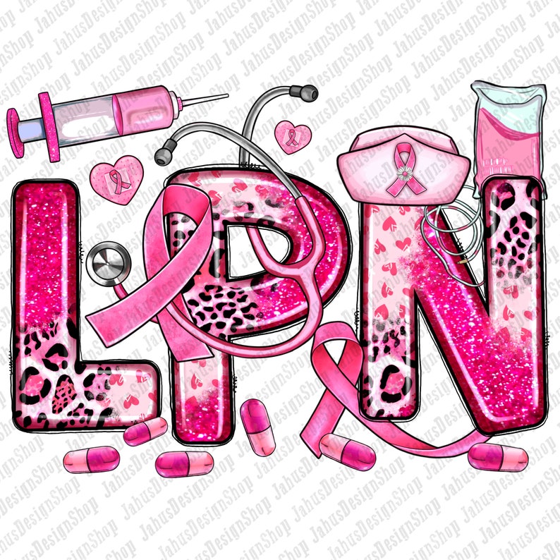 May include: Pink glitter LPN letters with a stethoscope, pink ribbon, and medical supplies. The letters are decorated with a leopard print pattern and pink hearts.