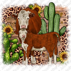 Hereford Cow With Sunflower and Cactus Background Png, Hereford Cow Png, Cow Png, Western Cow Png, Farm Hereford Cow Png , Instant Download