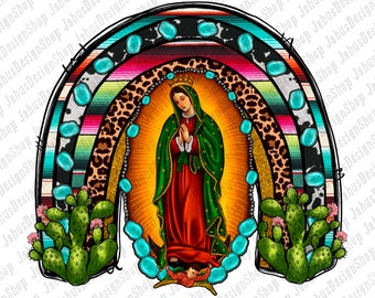 May include: A colorful rainbow arch with a depiction of the Virgin Mary in the center. The rainbow is made up of stripes of turquoise, black, white, pink, red, yellow, and gold. The Virgin Mary is wearing a blue and green robe with a gold crown. The background is a white surface with cactus plants on either side of the rainbow.