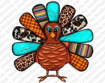 May include: A colorful turkey illustration with a brown body, turquoise feathers, and patterned accents. The feathers feature designs like leopard print, cowhide, and plaid. The turkey has a red wattle and a yellow beak.