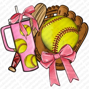 May include: A pink tumbler with a softball design, a brown baseball glove with a yellow softball, a pink bow, and a brown wooden baseball bat.