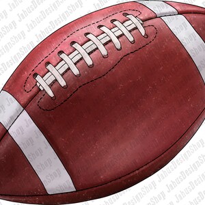 May include: A brown leather American football with white laces and white stripes. The football has a textured surface.