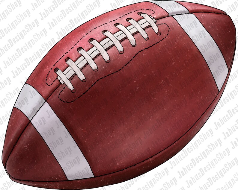 May include: A brown leather American football with white laces and white stripes. The football has a textured surface.