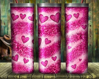 Pink Glitter Heart Tumbler Png Sublimation Design, 20oz Skinny Tumbler Png Design, Pink Glitter Heart Clipart, Pink Tumbler Png Download