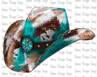 Western Cowboy Hat Sublimation Design, Cowhide Cowboy Hat, Watercolor Cowboy Hat, Gemstone Cowboy Hat,Turquoise Cowboy Hat, Digital Download