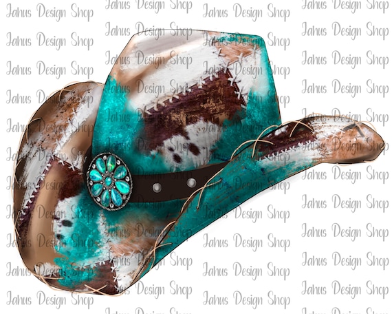 Western Cowboy Hat Sublimation Design, Cowhide Cowboy Hat, Watercolor Cowboy Hat, Gemstone Cowboy Hat,Turquoise Cowboy Hat, Digital Download