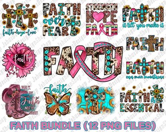 May include: A digital download bundle of 12 faith-themed graphic designs. The designs feature a variety of colours, patterns, and textures, including pink, blue, turquoise, leopard print, and sunflowers. The designs include phrases such as "Faith over Fear", "Strength Hope Faith", "Walk by Faith Not by Sight", and "Faith is Essential".