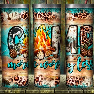 Western Camp More Worry Less Tumbler Png Sublimation Design, 20oz Skinny Tumbler Png, Camping Tumbler Png, Camp Fire Png, Digital Download