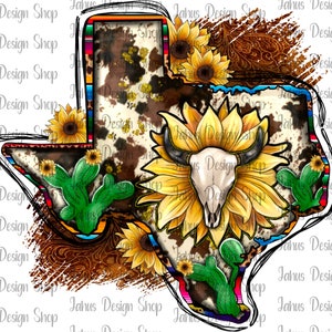 Cuero de vaca Toro Cráneo Girasol Texas Mapa PNG, Texas Png, Girasol Png, Cactus Png, Descarga de diseño de Texas, Diseño de sublimación, Descarga digital