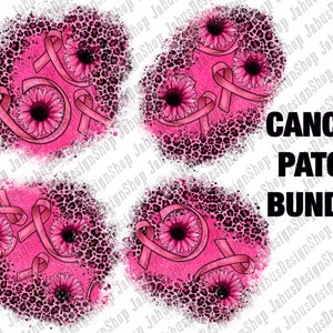 Peut inclure: Quatre motifs de papier numérique rose et noir avec des rubans roses et des fleurs. Le texte "CANCER PATCH BUNDLE" est en noir.