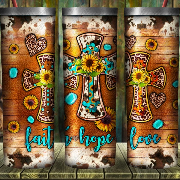 Faith Hope Love Tumbler Png Sublimation Design, 20oz Skinny Tumbler Png, Cross Png, Sunflower Tumbler Png, Faith Png, Digital Download