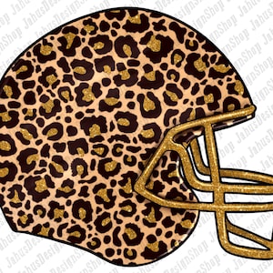 Könnte beinhalten: Ein goldener Footballhelm mit Leopardenmuster. Der Helm hat ein goldenes Gesichtsgitter und ist mit goldenem Glitzer verziert.
