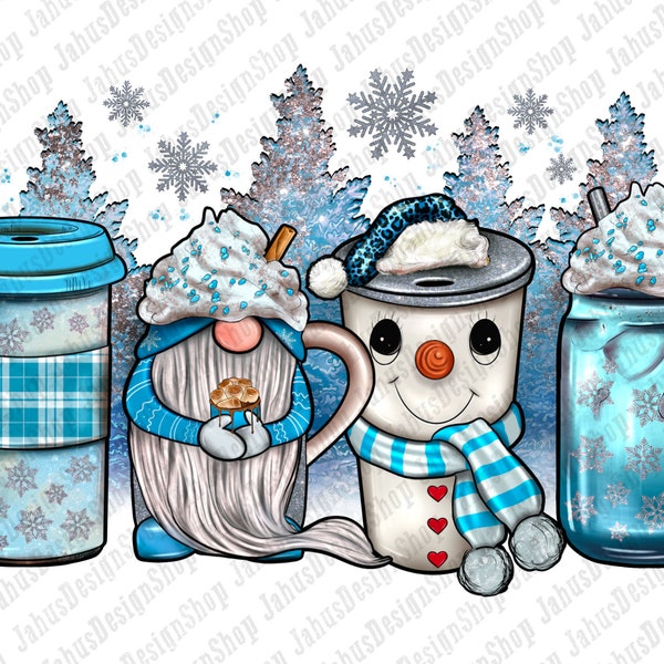 Winter coffee cups png sublimation design download, Christmas png, snowman coffee cup png, winter gnome png, sublimate designs download