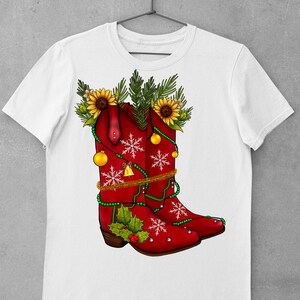 May include: Red cowboy boots decorated with green and gold Christmas ornaments, holly, and snowflakes. The boots are topped with sunflowers and pine branches.