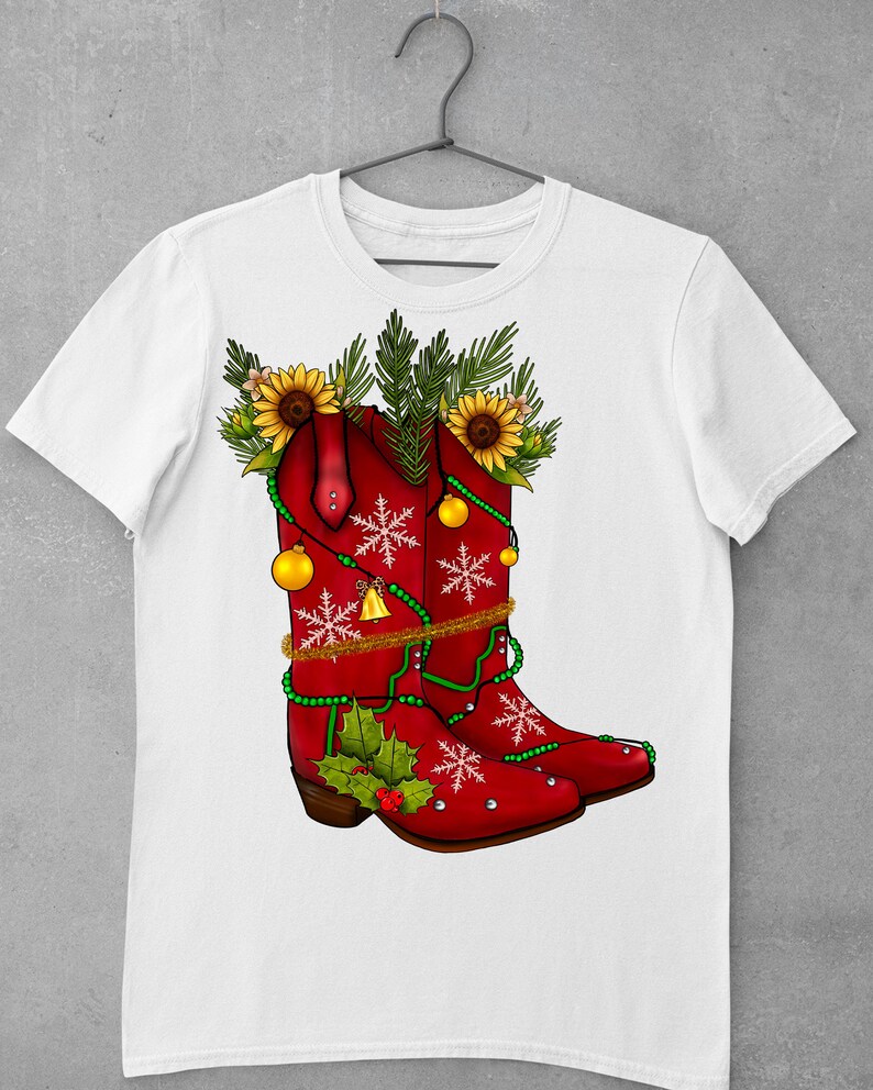 May include: Red cowboy boots decorated with green and gold Christmas ornaments, holly, and snowflakes. The boots are topped with sunflowers and pine branches.