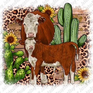Leopard Cactus Sunflower Hereford Cow Sublimation Design Png, Hereford Cow Png, Hand Drawing Hereford Cow and Hereford Calf Png Downloads
