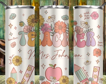 Personalized Teacher 20 oz skinny tumbler png, floral tumbler wrap png, custom name 20 oz tumbler designs, tumbler png download