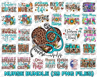 May include: A set of 29 digital designs featuring various nurse-themed graphics. The designs include text such as "Nurse Life", "Scrub Life", "Nurse in Progress", "This Nurse is Guided by Jesus", and "Nursing is a Work of Heart". The designs also feature various symbols, including a stethoscope, a heart, and sunflowers.