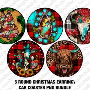Christmas Western Round Earring And Car Coaster Png Bundle, Christmas Earring Bundle, Christmas Car Coaster Bundle, Instant Download