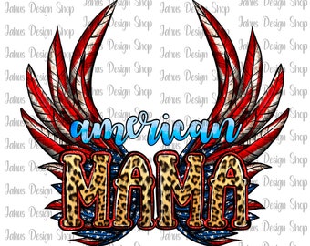 May include: American flag wings with a leopard print design and the text "american mama" in blue and white lettering.