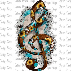 Western Treble Clef png, Cowhide Sunflower Treble Clef png, Treble Clef png, Muziek noten, Muziek Treble Clef, Sublimatie Design, Instant Download