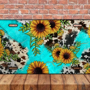 Cowhide Turquoise Sunflower License Plate PNG Sublimation Design, Western License Plate Png, License Plate Templates,License Plate Downloads