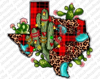 May include: A red and black plaid Texas state outline with a leopard print pattern. A large cactus with Christmas ornaments and lights is in the center of the state outline.