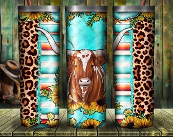 Texas Longhorn Sunflower Gemstone Tumbler Png Sublimation Design, 20oz Skinny Tumbler Png, Western Tumbler Png, Cow Png, Digital Download