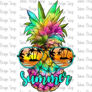 May include: A colorful pineapple wearing blue sunglasses with a sunset and palm trees reflected in the lenses. The pineapple has a pink, yellow, green, and blue watercolor design. The text "Summer" is written in turquoise letters below the pineapple.