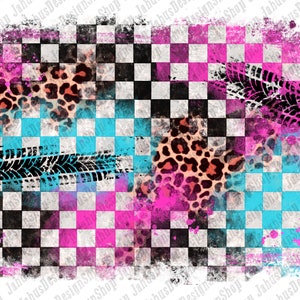 May include: A checkered background with black, white, pink, and blue squares. The background is distressed and has a grunge effect. There are tyre tracks and leopard print patterns on the background.