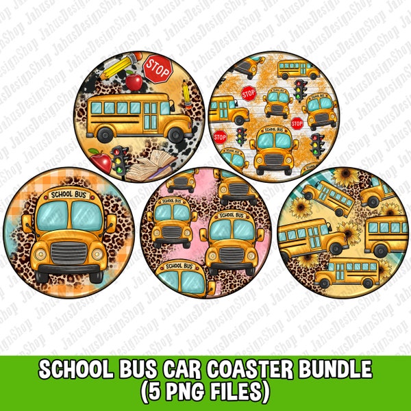 School bus car coaster png sublimation design bundle, western car coaster png, back to school png, sublimate designs download