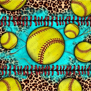 Może przedstawiać: Cyfrowy projekt przedstawiający ż&oacute;łte piłki do softballa z czerwonymi szwami na turkusowym tle z wzorem lamparta. Projekt zawiera r&oacute;wnież wz&oacute;r czerwonych i białych szw&oacute;w baseballowych.