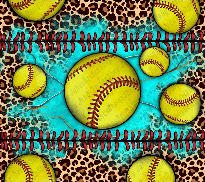 Może przedstawiać: Cyfrowy projekt przedstawiający ż&oacute;łte piłki do softballa z czerwonymi szwami na turkusowym tle z wzorem lamparta. Projekt zawiera r&oacute;wnież wz&oacute;r czerwonych i białych szw&oacute;w baseballowych.