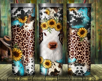 Floral White Calf 20oz Skinny Tumbler Png Design, Leopard Background Calf Png, Western Baby Calf Tumbler Png, Calf Png, Instant Download