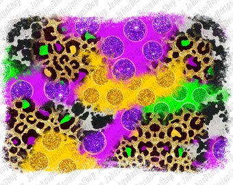 May include: Abstract digital design featuring a mix of purple, yellow, green, and black glitter polka dots and leopard print patterns.