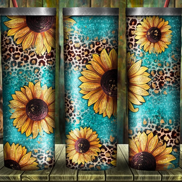 Western Sunflower Turquoise Glitter Tumbler Png Sublimation Design,20oz Skinny Tumbler Png Design,Sunflower Leopard Tumbler Png Download