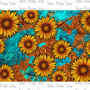 May include: A vibrant digital design featuring sunflowers with yellow petals and brown centers. The sunflowers are set against a backdrop of turquoise splashes and a brown paisley pattern. The text "Jahus Design Shop" is repeated across the top and bottom.