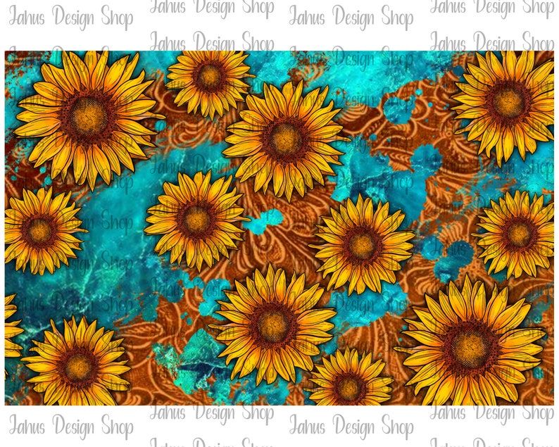 May include: A vibrant digital design featuring sunflowers with yellow petals and brown centers. The sunflowers are set against a backdrop of turquoise splashes and a brown paisley pattern. The text "Jahus Design Shop" is repeated across the top and bottom.