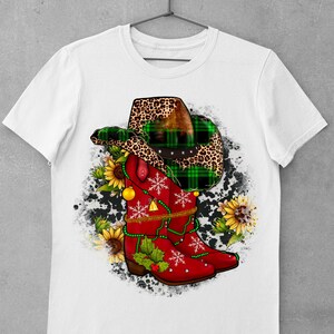 Christmas Western Cowboy Boots With Cowhide Background Design, Cowboy Boots Png, Christmas Boots Png, Sunflower Boots Png, instant Download image 2