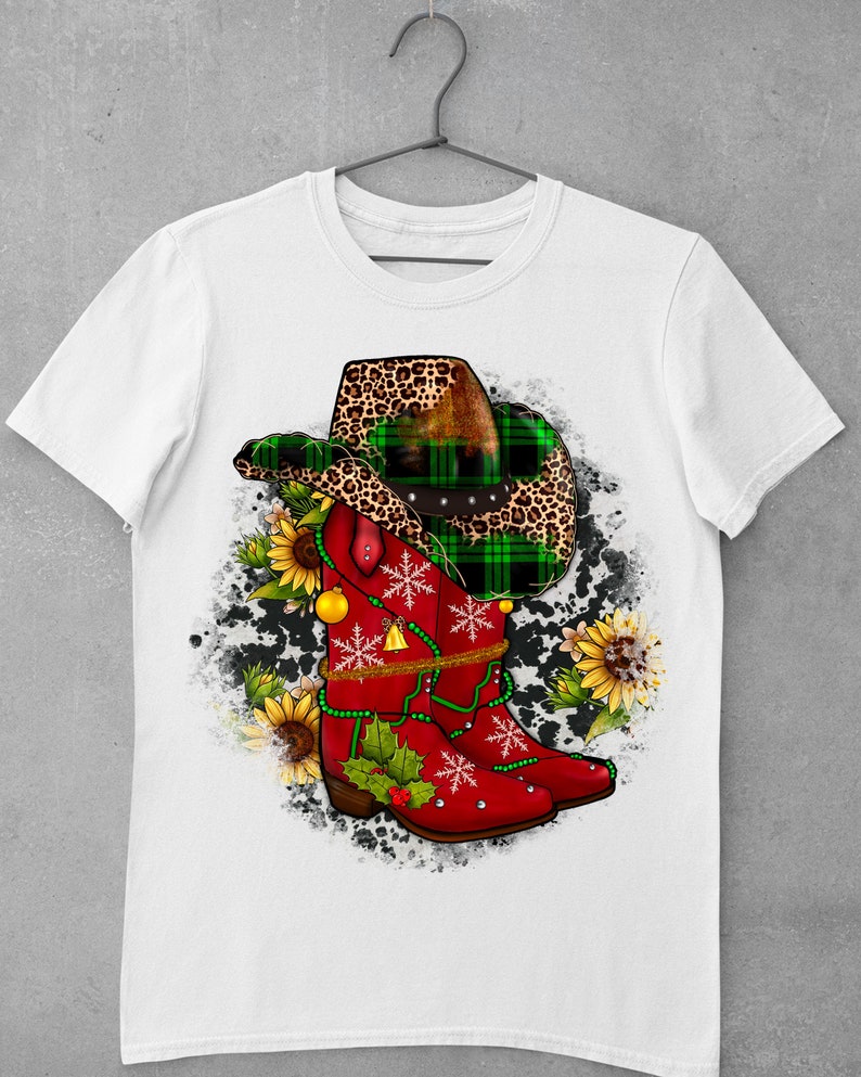 Christmas Western Cowboy Boots With Cowhide Background Design, Cowboy Boots Png, Christmas Boots Png, Sunflower Boots Png, instant Download image 2