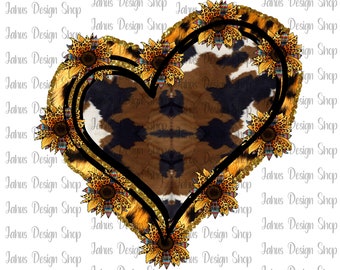 May include: A heart-shaped design with a brown and white cowhide pattern surrounded by a border of yellow sunflowers with leopard print accents. The heart is outlined in black and has a gold glitter effect.