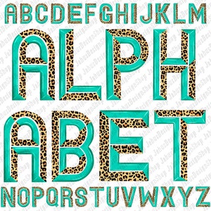 Leopard Turquesa Alfabeto cincelado Png,Alfabeto Leopardo PNG,Alfabeto Turquesa, Letras Cinceladas,Diseño de sublimación PNG,Descarga instantánea