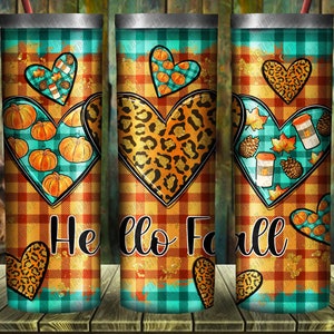 Hallo Herbst 20 Unzen Skinny Tumbler Design, Kürbis Design Becher, Leopard Herz, Herbst Vibes Becher, Sublimation Designs Downloads, digitaler Download