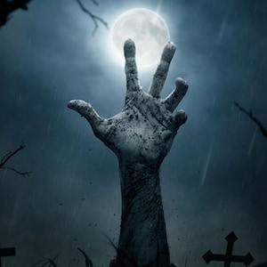 May include: A zombie hand reaching up from the ground in a graveyard. The hand is covered in dirt and has long, sharp fingernails. The background is a dark, stormy night with a full moon in the sky.
