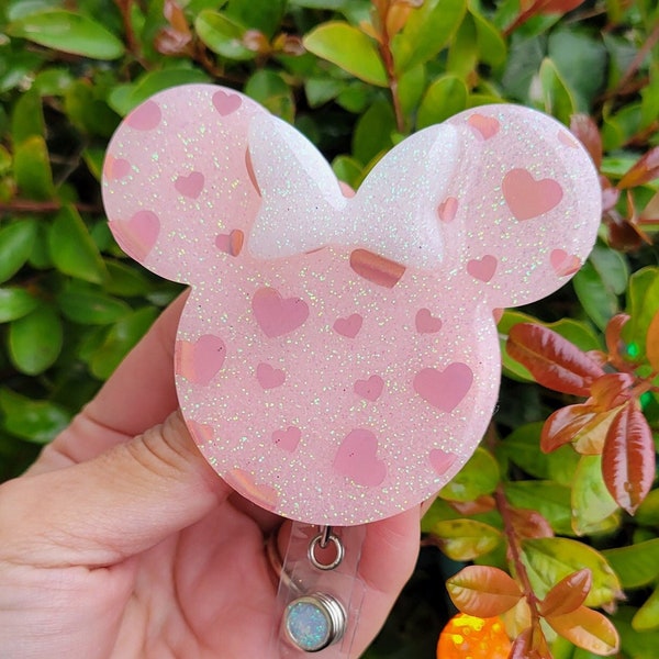 Rose Gold Hearts Mouse Head Badge Reel, Holographic Hearts, Pink Badge Reel, Badge reel for nurses