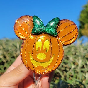 Fall Pumpkin Mouse head badge reel, autumn badge reel, mouse head pumpkin, Halloween badge reel, Retractable Badge reel