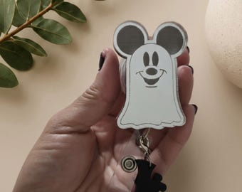Leuke badgehouder met spookachtig muizenhoofd en spiegeltje | Acryl Halloween badgehouder | Spookachtige ID-clip | Cadeau voor verpleegkundigen