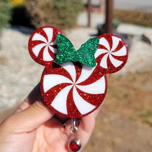 Mouse Head badge reel, Christmas Badge Reel, Candy Cane, Peppermint, Castle inspired badge reel