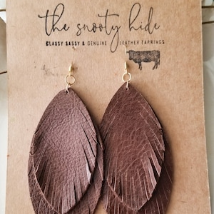 Chestnut fringe leather earrings, fringe earrings, boho feather earrings, western earrings, Fall leather earrings