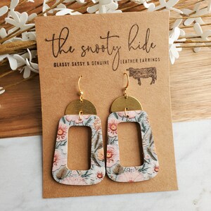 Floral Camila earrings, sage and pink, genuine leather earrings